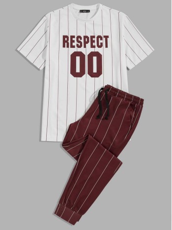 Men Letter Graphic Striped Tee & Pants Set