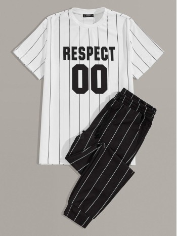 Men Letter Graphic Striped Tee & Pants Set