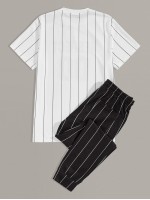 Men Letter Graphic Striped Tee & Pants Set