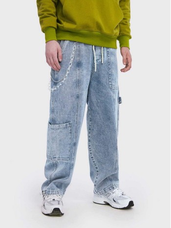 Men Tie Waist Patch Pocket Jeans Without Chain