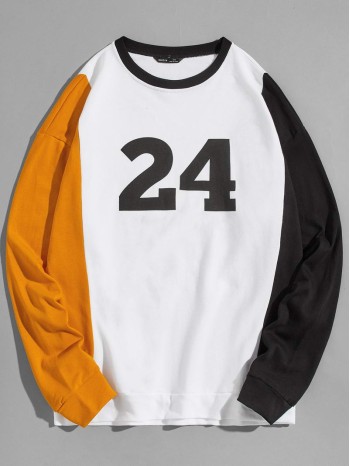 Men Colorblock Sleeve Number Graphic Pullover