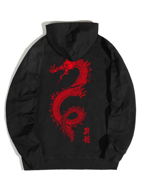 Men Chinese Letter & Dragon Graphic Drawstring Hoodie