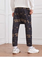 Men Drawstring Waist Animal Print Harem Pants