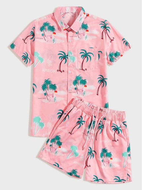 Men Tropical And Letter Graphic Shirt & Drawstring Waist Shorts