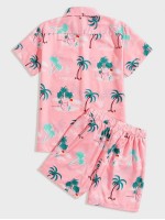 Men Tropical And Letter Graphic Shirt & Drawstring Waist Shorts