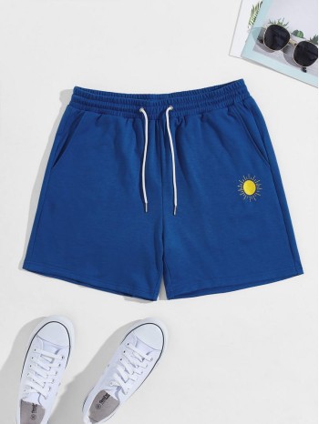 Men Drawstring Waist Sun Embroidered Sweat Shorts