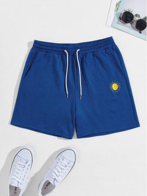 Men Drawstring Waist Sun Embroidered Sweat Shorts