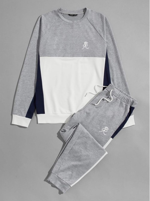 Men Colorblock Letter Graphic Pullover & Drawstring joggers Set