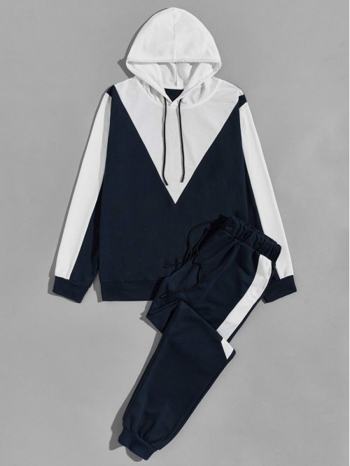 Men Contrast Panel Drawstring Hoodie & Sweatpants