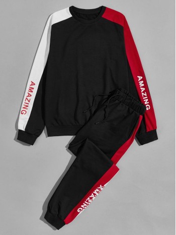 Men Letter Graphic Color Block Sweatshirt & Sweatpants