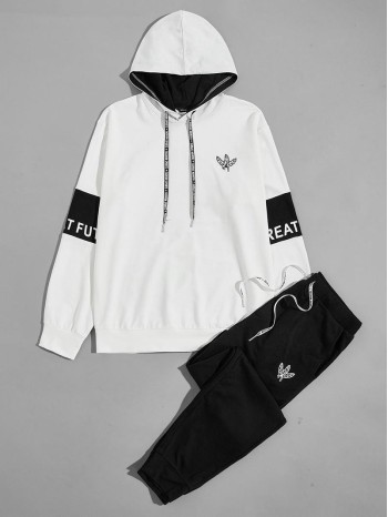 Men Letter Graphic Drawstring Hoodie & Sweatpants Set