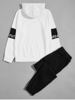 Men Letter Graphic Drawstring Hoodie & Sweatpants Set