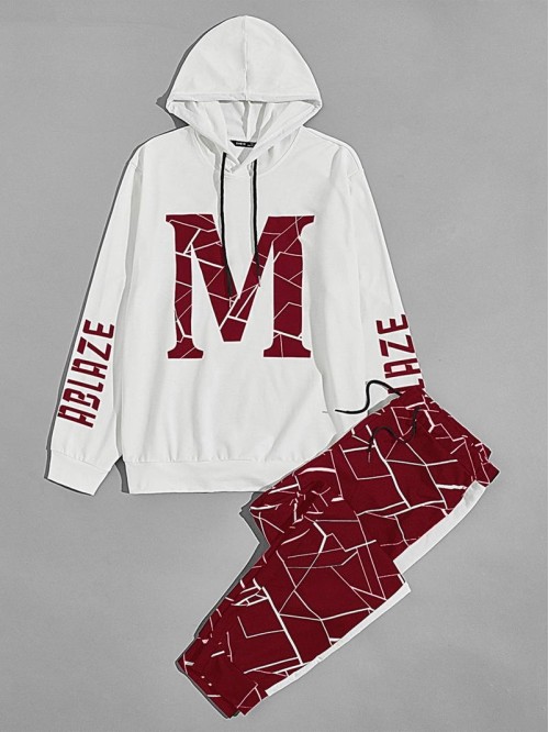 Men Letter Graphic Drawstring Hoodie & Geo Print Sweatpants Set