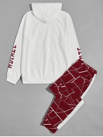 Men Letter Graphic Drawstring Hoodie & Geo Print Sweatpants Set