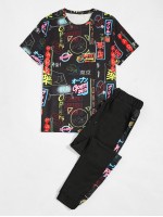 Men Chinese Characters Tee & Drawstring Sweatpants