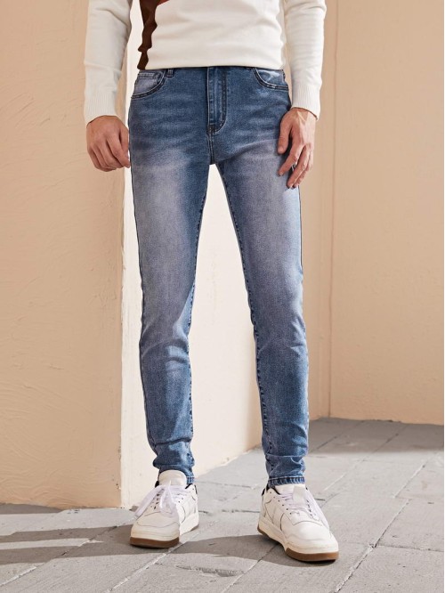 Men Slant Pockets Washed Jeans