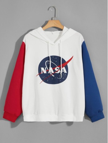 Men Colorblock Letter Graphic Drawstring Hoodie