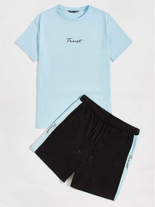 Men Letter Graphic Tee & Drawstring Track Shorts Set