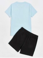 Men Letter Graphic Tee & Drawstring Track Shorts Set