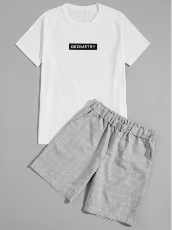 Men Letter Graphic Tee & Grid Shorts