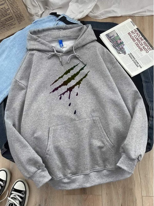 Men Claw Marks Print Drawstring Hoodie