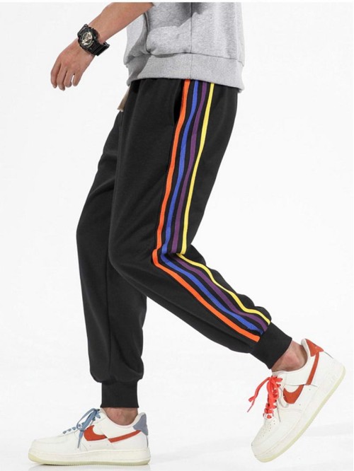 Men Drawstring Waist Rainbow-striped Sweatpants