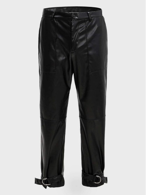 Men Buckle Strap PU Leather Pants