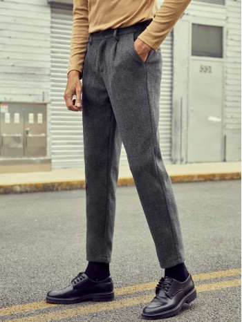 Men Wool-Mix Fabric Solid Tailored Pants