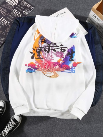 Men Chinese Character And Phoenix Print Hoodie