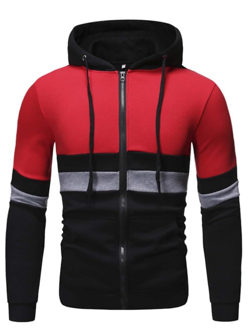 Men Contrast Panel Zip Up Hooded Sweatshirt