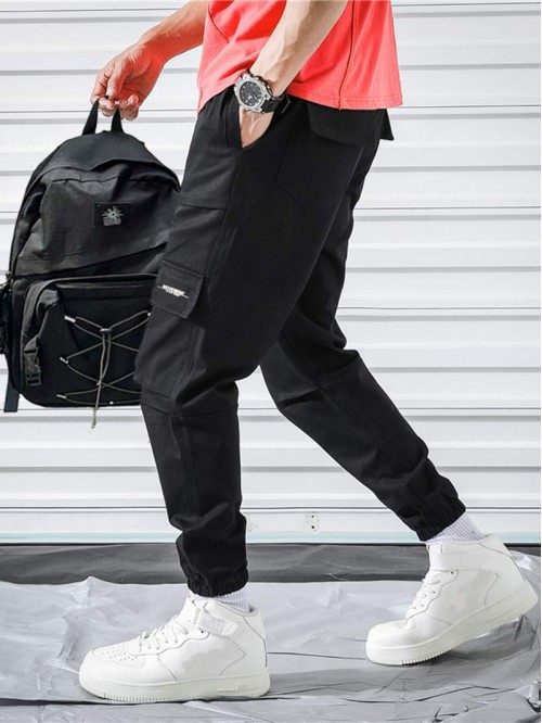 Men Flap Pocket Drawstring Waist Cargo Pants