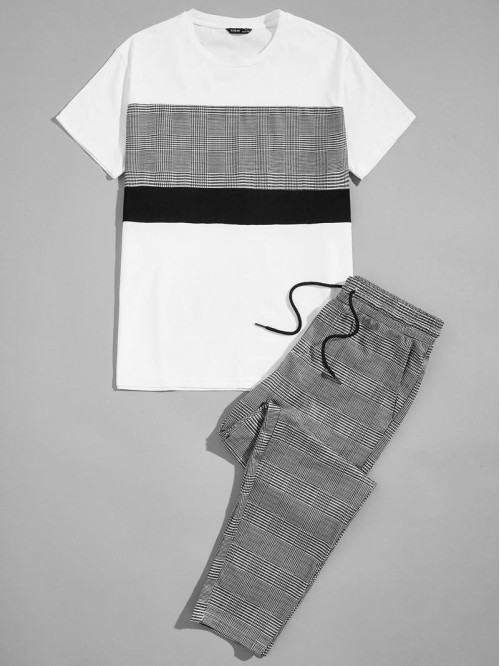 Men Contrast Panel Tee & Plaid Pants Set