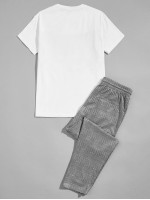 Men Contrast Panel Tee & Plaid Pants Set