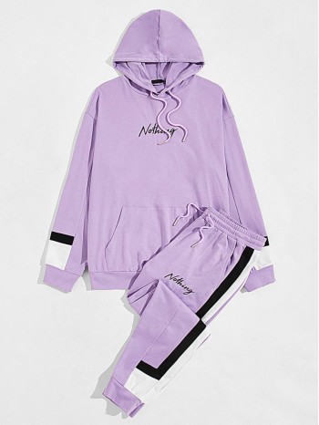 Men Letter Embroidery Drawstring Hoodie & Side Stripe Sweatpants Set