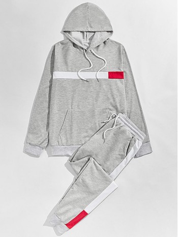 Men Contrast Panel Drawstring Hoodie With Joggers