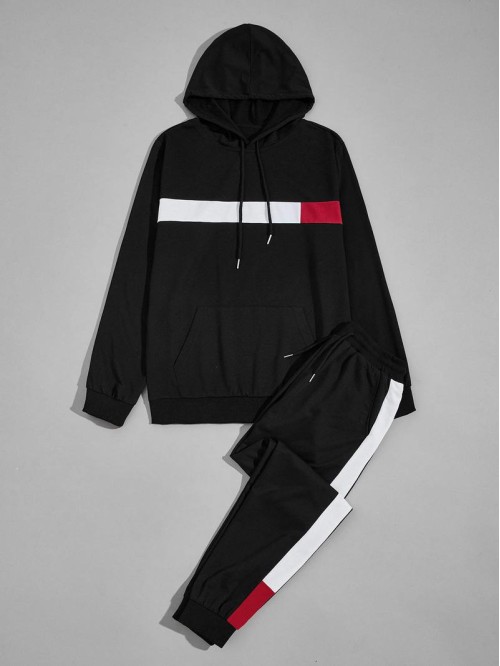 Men Contrast Panel Drawstring Hoodie With Joggers