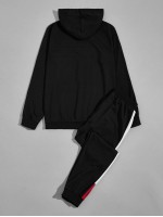 Men Contrast Panel Drawstring Hoodie With Joggers