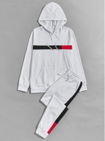 Men Contrast Panel Drawstring Hoodie With Joggers