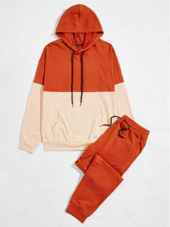 Men Patch Detail Colorblock Hoodie & Pants Set