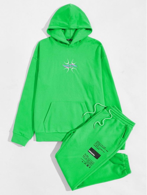 Men Neon Green Letter Graphic Hoodie & Sweatpants Set