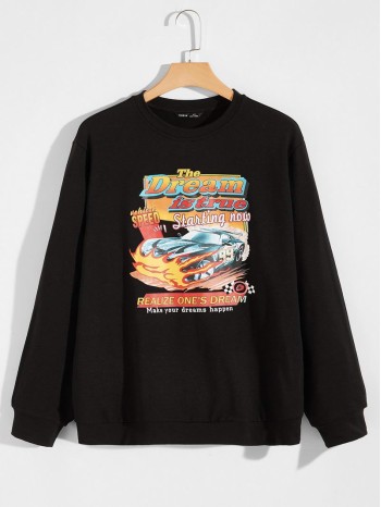 Men Slogan & Car Print Pullover