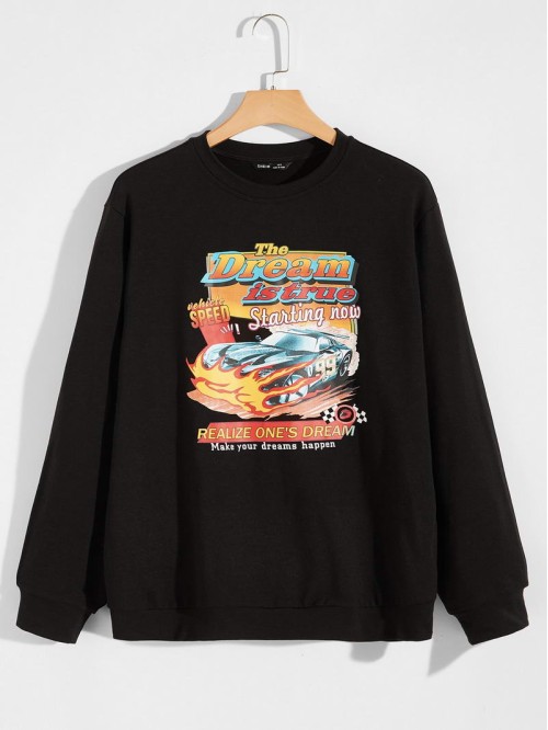 Men Slogan & Car Print Pullover