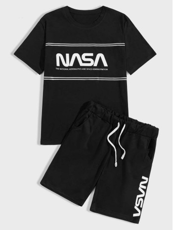 Men Letter Graphic Tee & Drawstring Track Shorts