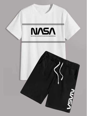 Men Letter Graphic Tee & Drawstring Waist Shorts