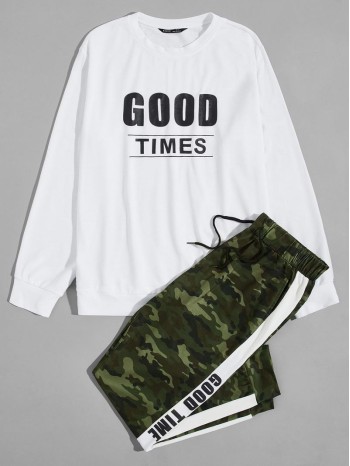 Men Letter Graphic Pullover & Camo Sweatpants Set