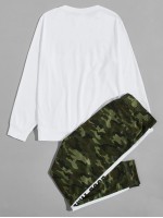 Men Letter Graphic Pullover & Camo Sweatpants Set