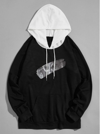 Men Contrast Panel Figure Graphic Drawstring Hoodie