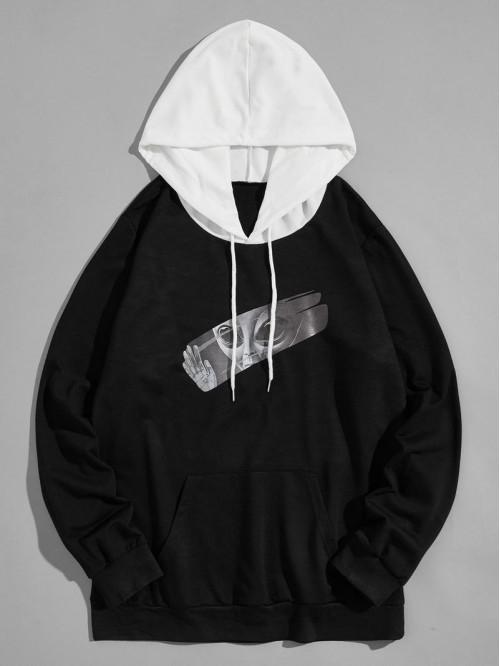 Men Contrast Panel Figure Graphic Drawstring Hoodie