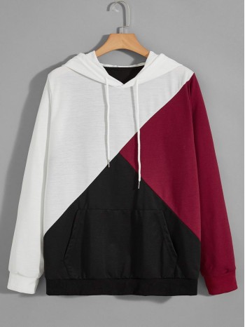 Men Colorblock Kangaroo Pocket Drawstring Hoodie