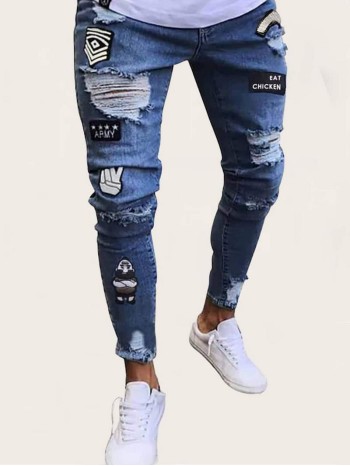 Men Ripped Patched Jeans